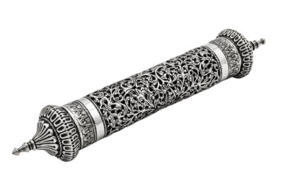 Lot 155 - An early to mid-20th century Anglo – Indian unmarked silver scroll holder, Bombay circa 1930-50