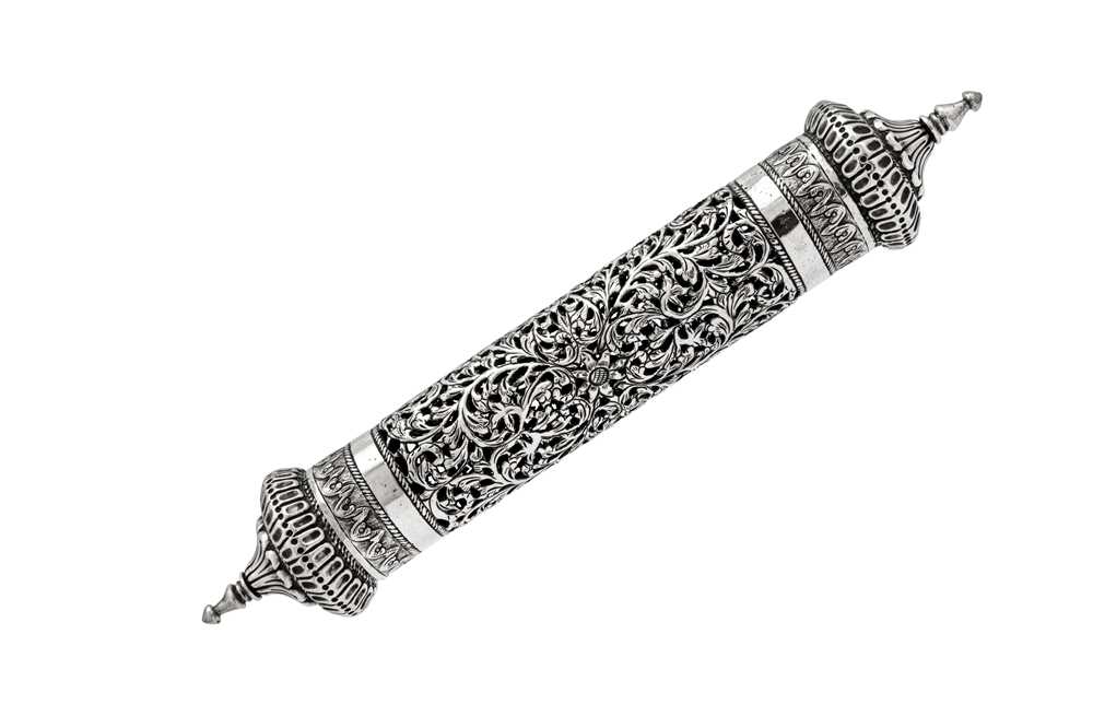 Lot 155 - An early to mid-20th century Anglo – Indian unmarked silver scroll holder, Bombay circa 1930-50