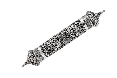 Lot 155 - An early to mid-20th century Anglo – Indian unmarked silver scroll holder, Bombay circa 1930-50