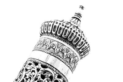 Lot 155 - An early to mid-20th century Anglo – Indian unmarked silver scroll holder, Bombay circa 1930-50