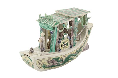 Lot 112 - A RARE CHINESE FAMILLE VERTE BISCUIT MODEL OF A PLEASURE BOAT.