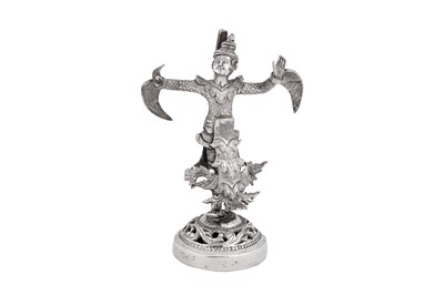 Lot 183 - A set of four mid-20th century Burmese unmarked silver menu holders, Rangoon circa 1950