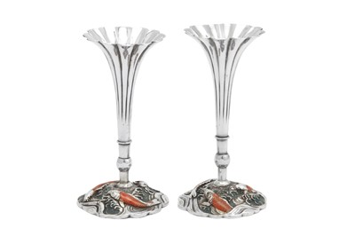 Lot 257 - A pair of early 20th century Japanese silver and cold painted enamel posy vases, Yokohama circa 1910 by Konoike (active c.1880-1921)