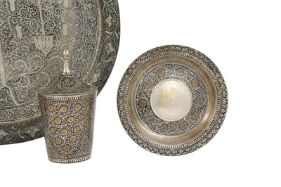 Lot 471 - A PARTIAL ENAMELLED TINNED COPPER TEA SET AND A SILVER SUGAR LUMPS HOLDER