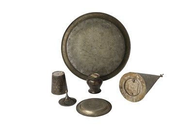 Lot 471 - A PARTIAL ENAMELLED TINNED COPPER TEA SET AND A SILVER SUGAR LUMPS HOLDER