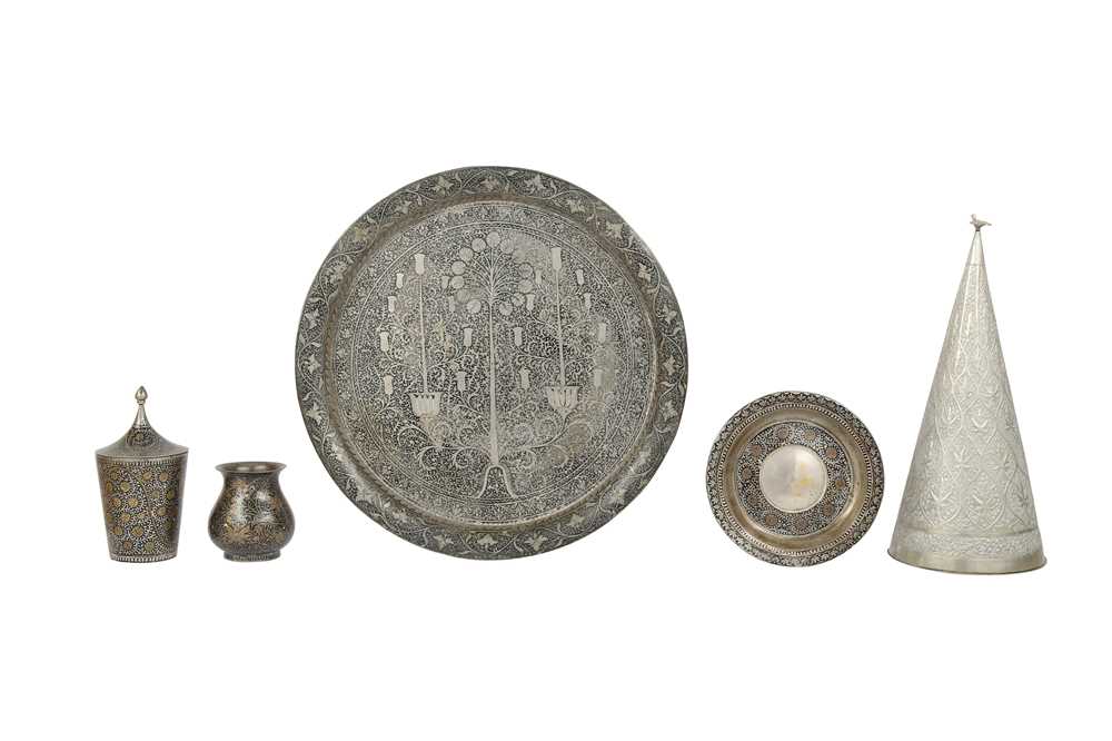 Lot 471 - A PARTIAL ENAMELLED TINNED COPPER TEA SET AND A SILVER SUGAR LUMPS HOLDER