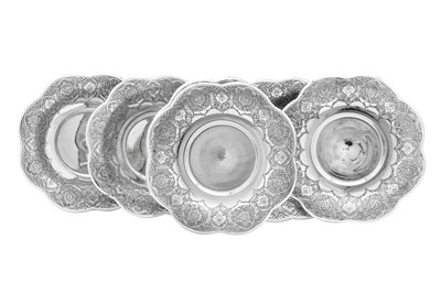 Lot 302 - A set of six mid-20th century Iranian (Persian) silver bon-bon dishes, Isfahan circa 1950 mark of Mohammad Taqi Zufan (1894-1979)