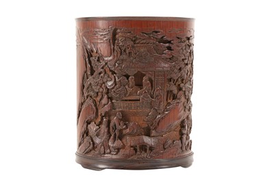 Lot 63 - A CHINESE BAMBOO AND HARDWOOD 'ELEGANT GATHERING' BRUSH POT, BITONG.
