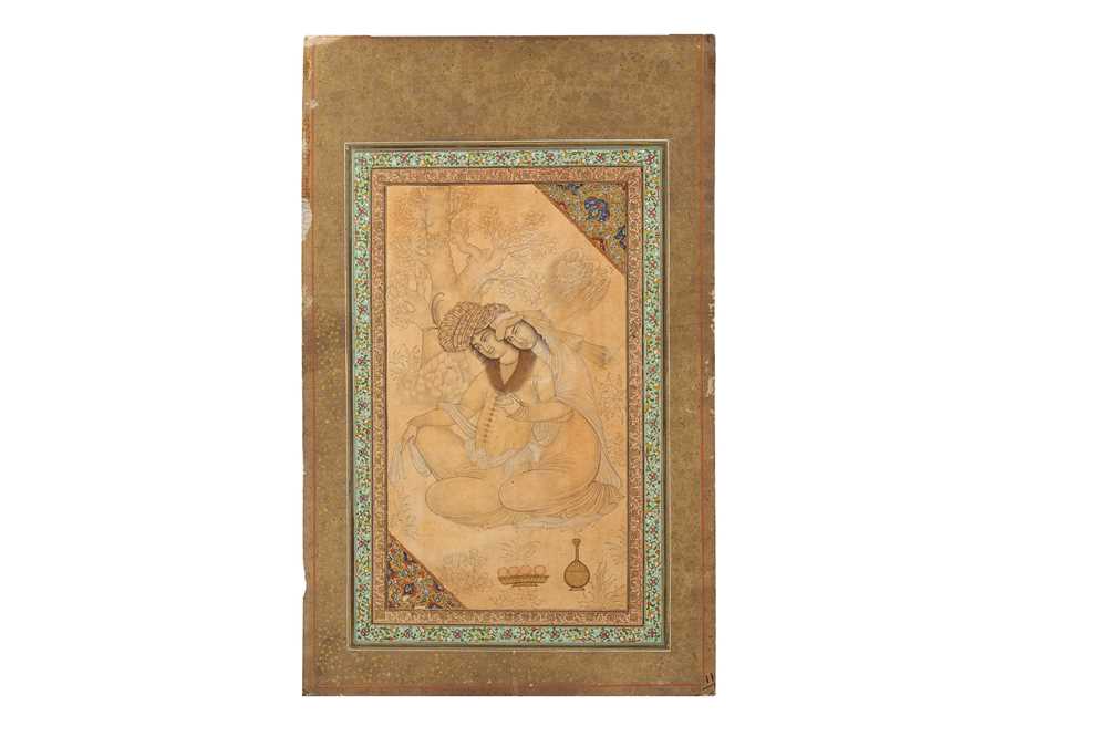 Lot 343 - AN ARCHAISTIC SAFAVID-REVIVAL TINTED DRAWING OF TWO LOVERS