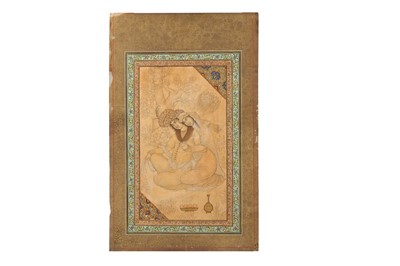 Lot 343 - AN ARCHAISTIC SAFAVID-REVIVAL TINTED DRAWING OF TWO LOVERS
