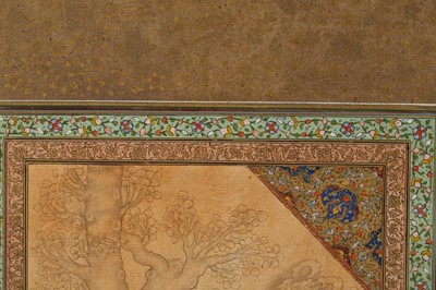 Lot 343 - AN ARCHAISTIC SAFAVID-REVIVAL TINTED DRAWING OF TWO LOVERS