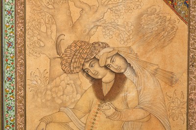 Lot 343 - AN ARCHAISTIC SAFAVID-REVIVAL TINTED DRAWING OF TWO LOVERS