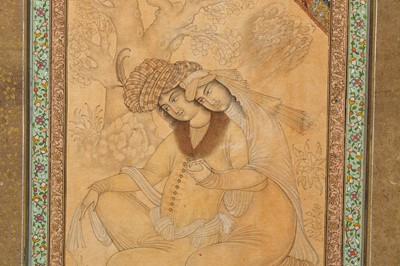Lot 343 - AN ARCHAISTIC SAFAVID-REVIVAL TINTED DRAWING OF TWO LOVERS
