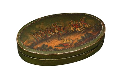 Lot 698 - A RUSSIAN LACQUERED LIDDED BOX WITH A BATTLE SCENE