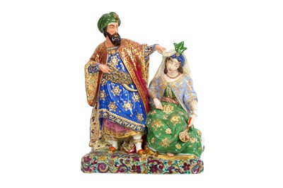 Lot 673 - AN ORIENTALIST PORCELAIN STATUETTE OF AN OTTOMAN SULTAN AND HIS CONCUBINE