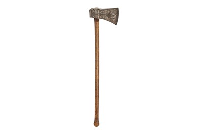 Lot 435 - A SILVER AND COPPER-INLAID STEEL SADDLE-AXE HEAD (TABARZIN)