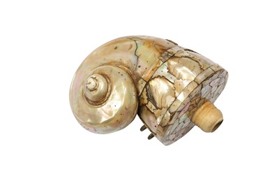 Lot 424 - λ A LARGE MOTHER-OF-PEARL GUN POWDER FLASK