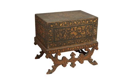 Lot 465 - AN ANGLO-INDIAN LACQUERED AND GILT CHEST ON STAND