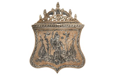 Lot 426 - A NIELLOED PARCEL-GILT GUNPOWDER CARTRIDGE CASE (PALASKA) WITH THE GREEK GODDESS ATHENA