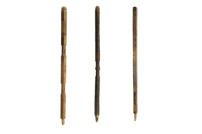 Lot 451 - THREE CARVED, POLYCHROME-PAINTED AND LACQUERED WOODEN POSTS