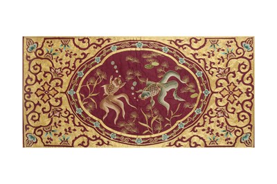 Lot 662 - A CHINESE EMBROIDERED PURPLE-GROUND SILK 'GOLDFISH' PANEL.