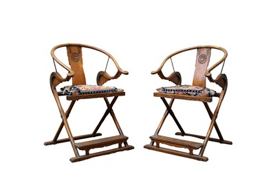 Lot 656 - A PAIR OF CHINESE FOLDING HORSESHOE-BACK ARMCHAIRS, JIAO YI.