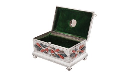 Lot 121 - An early 20th century Scottish unmarked silver agate set casket, Edinburgh circa 1925
