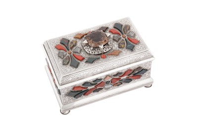 Lot 121 - An early 20th century Scottish unmarked silver agate set casket, Edinburgh circa 1925