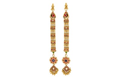 Lot 362 - A PAIR OF GOLD SPINEL-ENCRUSTED CEREMONIAL EARRINGS (KARANPHUL JHUMKA)