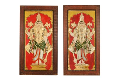 Lot 401 - A PAIR OF DEVOTIONAL STANDING PORTRAITS OF HINDU DEITIES