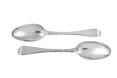 Lot 485 - A rare pair of George I Irish provincial silver tablespoons, Cork circa 1720 by Caleb Rotheram (d.1746)