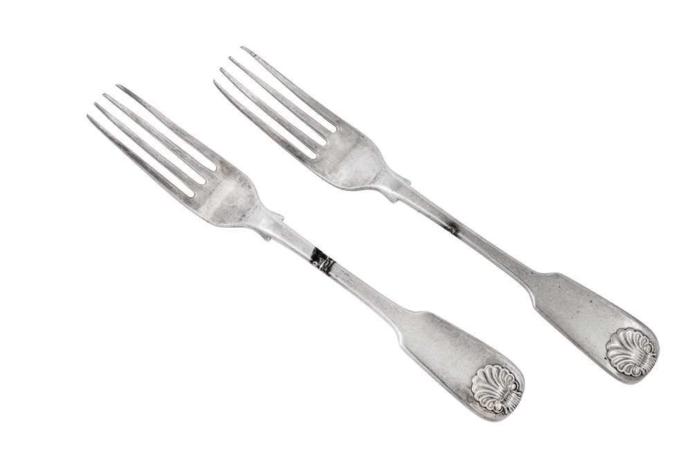 Lot 129 - A pair of mid-19th century Indian Colonial silver table forks, Calcutta circa 1840 by Pittar and Co (active 1825-48)