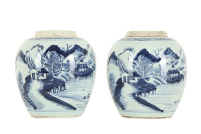 Lot 276 - A PAIR OF CHINESE BLUE AND WHITE 'LANDSCAPE' JARS.