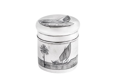 Lot 368 - An early 20th century Iraqi silver and niello tobacco jar or tea caddy, circa 1920-30 signed Omara, Zahroon