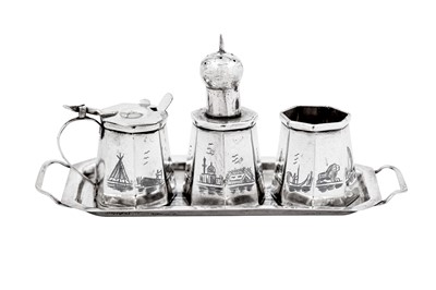 Lot 345 - A mid-20th century Iraqi silver and niello cruet on tray, circa 1950