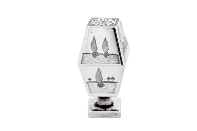 Lot 365 - An early 20th century Iraqi silver and niello pepper pot, circa 1920-30 signed Omara Zahroon