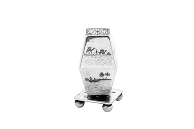 Lot 366 - An early 20th century Iraqi silver and niello pepper pot, Basra circa 1930 signed Zahroon