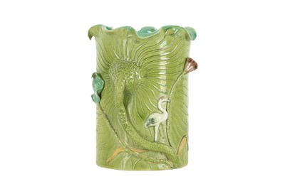 Lot 111 - A CHINESE GREEN-GLAZED 'LOTUS LEAF' BRUSH POT, BITONG.