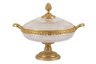 Lot 225 - A FRENCH GILT BRONZE AND CUT GLASS PEDESTAL DISH AND COVER, IN THE LOUIS XII STYLE, 20TH CENTURY