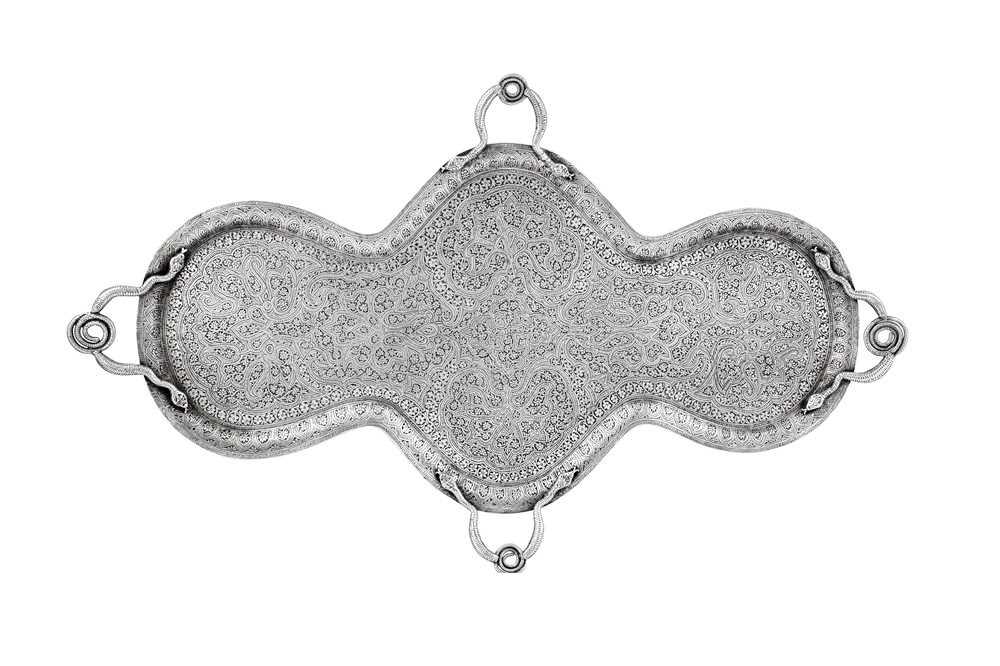 Lot 97 - A late 19th century Anglo – Indian unmarked silver tea tray, Kashmir circa 1880