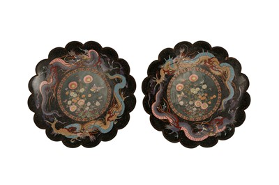 Lot 492 - A PAIR OF CLOISONNÉ ENAMEL CHARGERS.