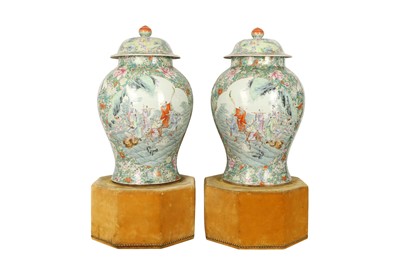 Lot 146 - A PAIR OF FAMILLE ROSE MILLEFLEUR VASES AND COVERS.