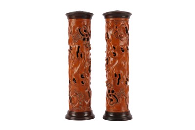 Lot 639 - A PAIR OF CHINESE BOXWOOD INCENSE HOLDERS.