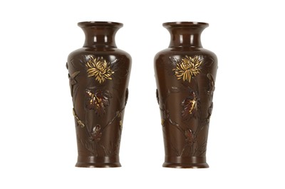 Lot 495 - A PAIR OF JAPANESE INLAID BRONZE VASES.