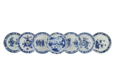 Lot 585 - SEVEN CHINESE BLUE AND WHITE DISHES.