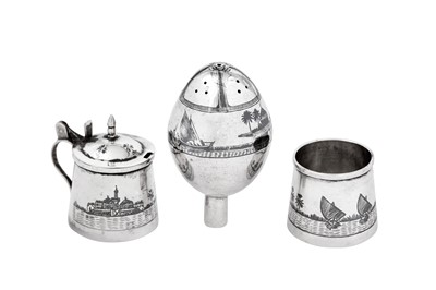 Lot 340 - A mid-20th century Iraqi silver and niello part-cruet set, circa 1940