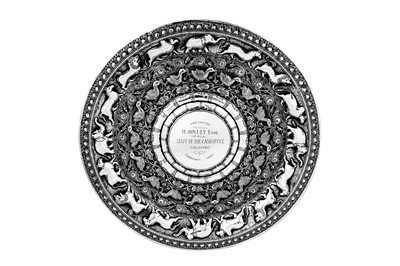 Lot 201 - A large mid-20th century Ceylonese (Sri Lankan) silver moonstone charger or tray, Kandy or Colombo dated 1945