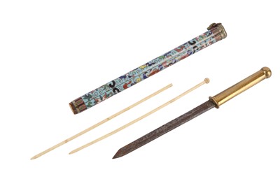 Lot 699 - λ A CHINESE EATING SET WITH A CLOISONNÉ ENAMEL SHEATH.