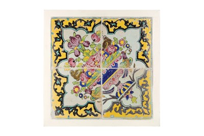 Lot 394 - A PANEL OF 19TH CENTURY FOUR QAJAR CUERDA SECA POTTERY TILES