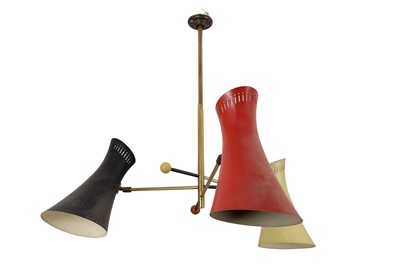 Lot 512 - AN ITALIAN STILNOVO STYLE GILT METAL AND THREE ARM CEILING LIGHT, CIRCA.1950s
